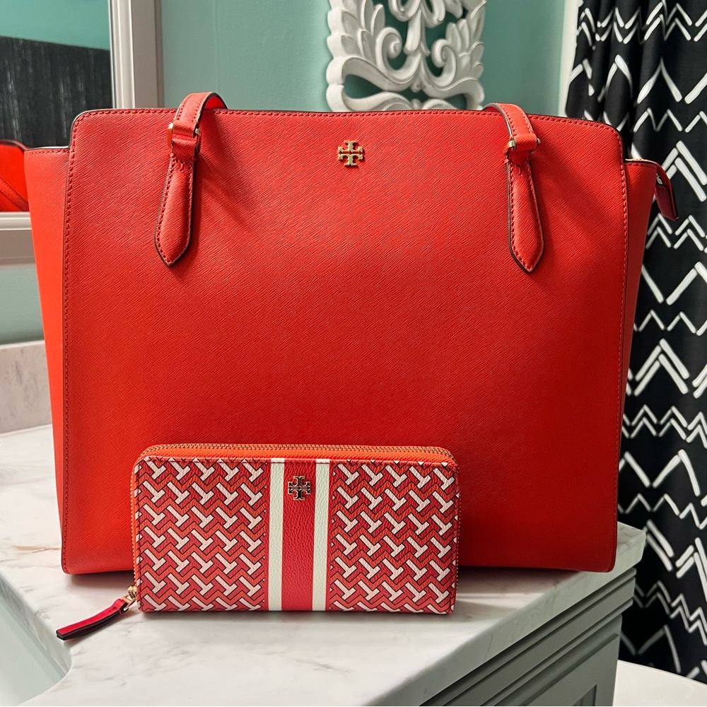 Tory Burch Emerson Top Zip Tote, bright samba with large zippy wallet.